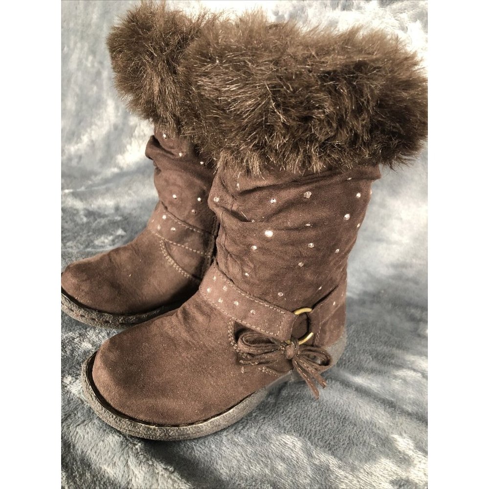 Piper Girls Boots Brown Bling Faux Fur Tops Size 7 - Picture 3 of 12